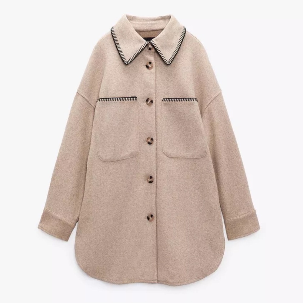 Zara Beige Utility Jacket with Contrasting Topstitching
